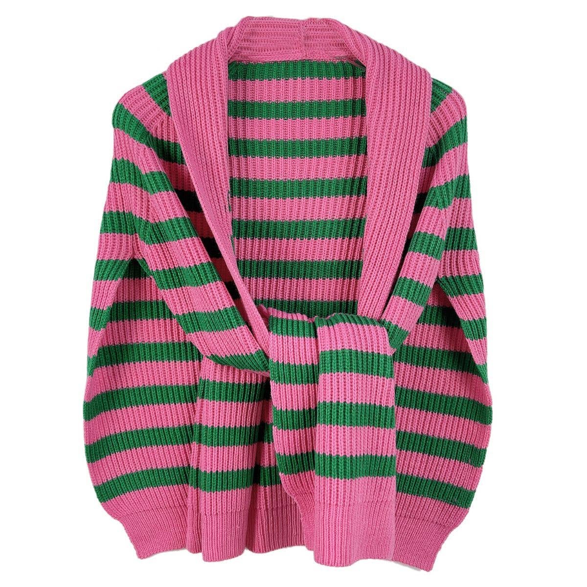 flat lay of pink and green stripe sweater scarf on a white background