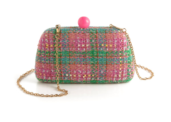 Pink and green tweed clutch with gold chain shoulder strap and pink push lock — JuJu Loves