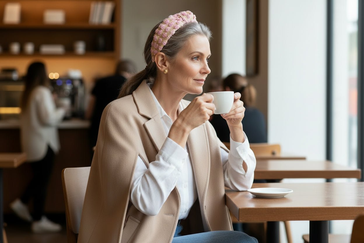 woman in a beige cape coat, white blouse, and pink and tan raffia headband drinking coffee in a coffee shop