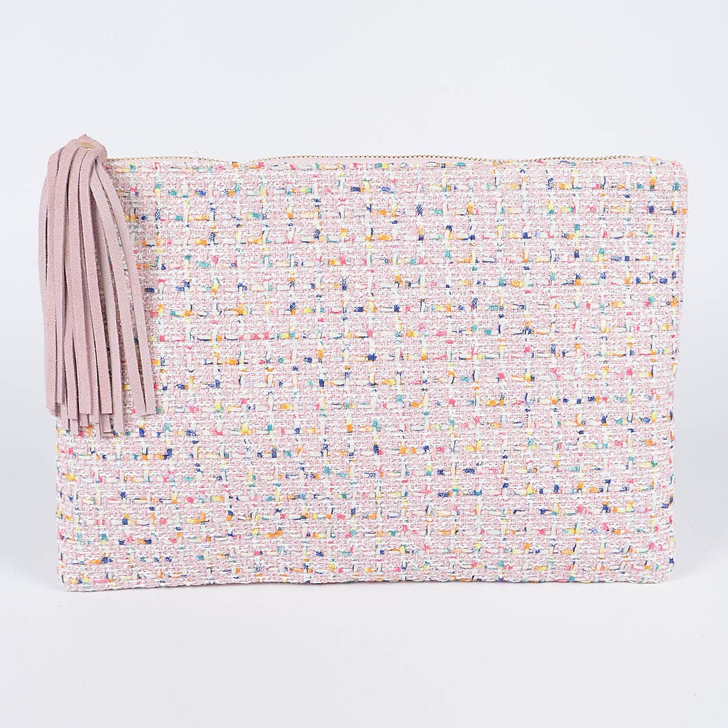 Back view of a pink tweed pouch with a genuine tassel and rainbow colored thread against a white background