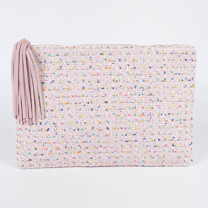 Back view of a pink tweed pouch with a genuine tassel and rainbow colored thread against a white background