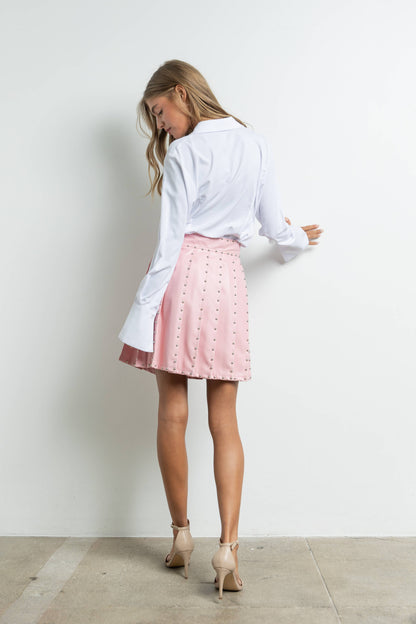 Pink Pleated Vegan Leather Skirt