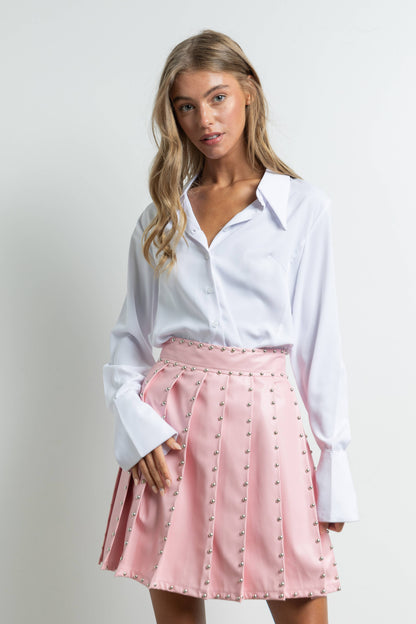 Pink Pleated Vegan Leather Skirt