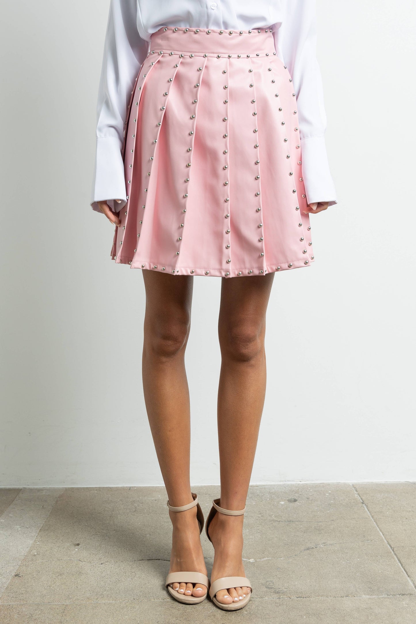 Pink Pleated Vegan Leather Skirt
