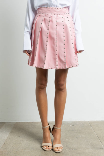 Pink Pleated Vegan Leather Skirt