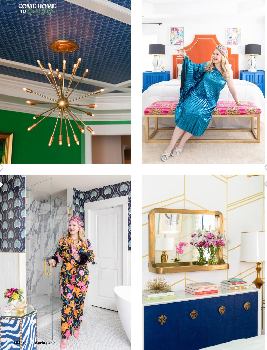 magazine feature with decorated interior rooms and a woman wearing colorful clothing
