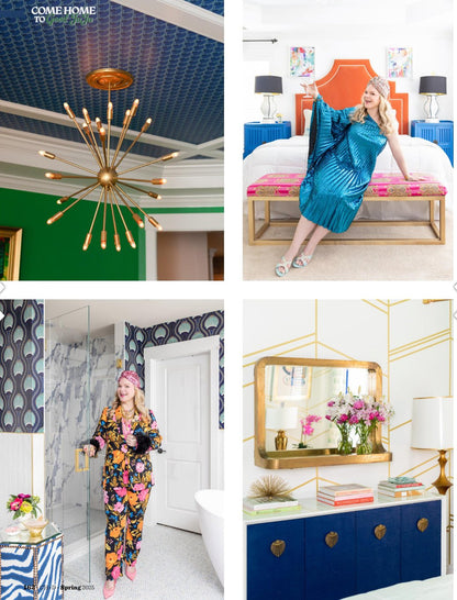 magazine feature with decorated interior rooms and a woman wearing colorful clothing