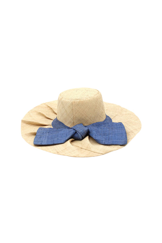tan raffia pleated sun hat with blue raffia bow against a white background