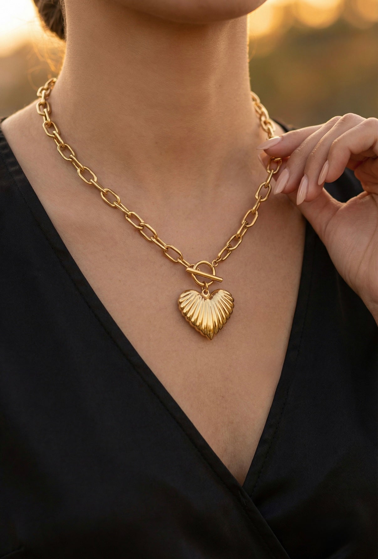 Gold Puffy Heart Charm Necklace: Tarnish-Resistant Toggle Chain
