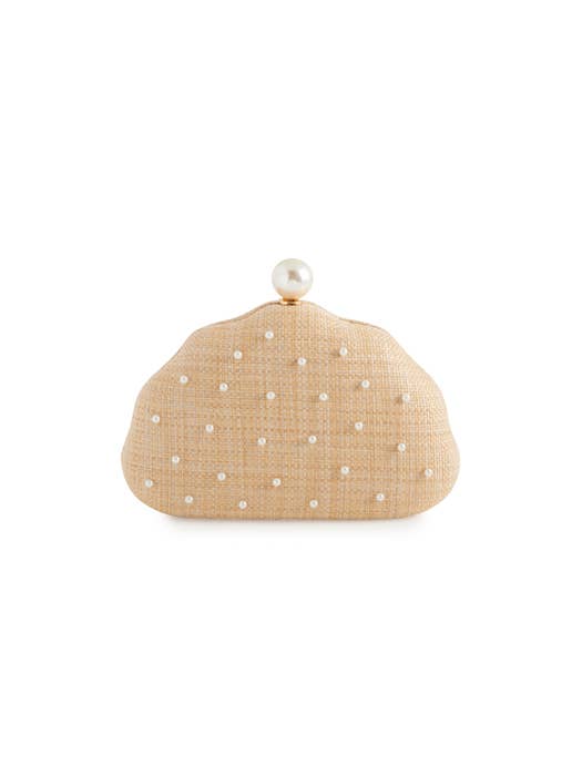 Pearl and raffia clutch purse with scattered pearl embellishments — front flat lay view showing round seashell shape and natural raffia texture