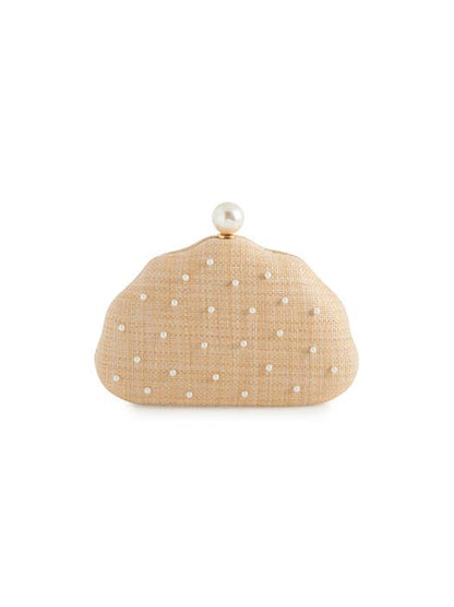 Pearl and raffia clutch purse with scattered pearl embellishments — front flat lay view showing round seashell shape and natural raffia texture