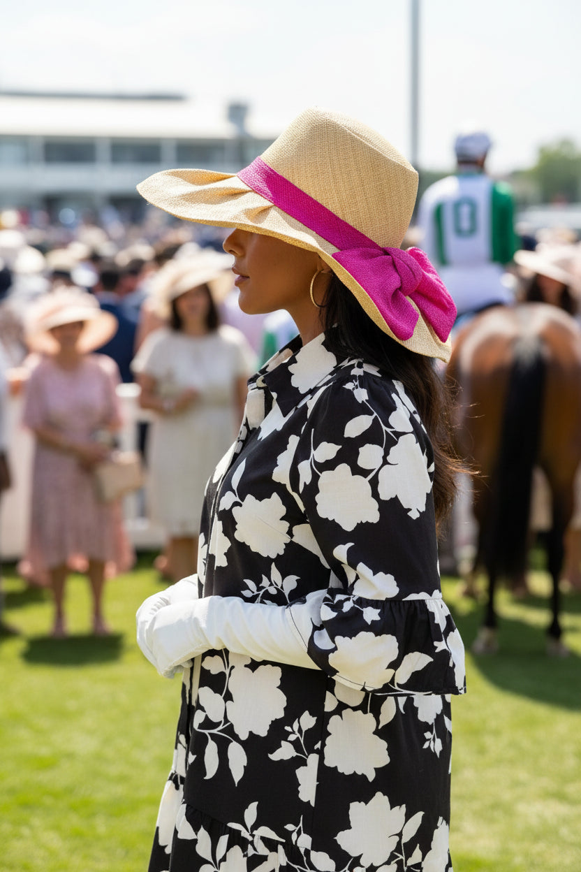 Woman in a floral dress and sun hat with pink ribbon at a horse racing event