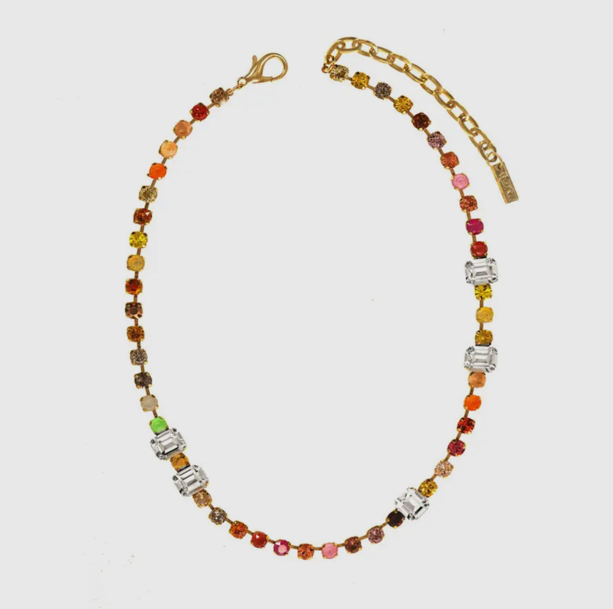 Rainbow crystal statement necklace with multicolor stones on antique gold chain