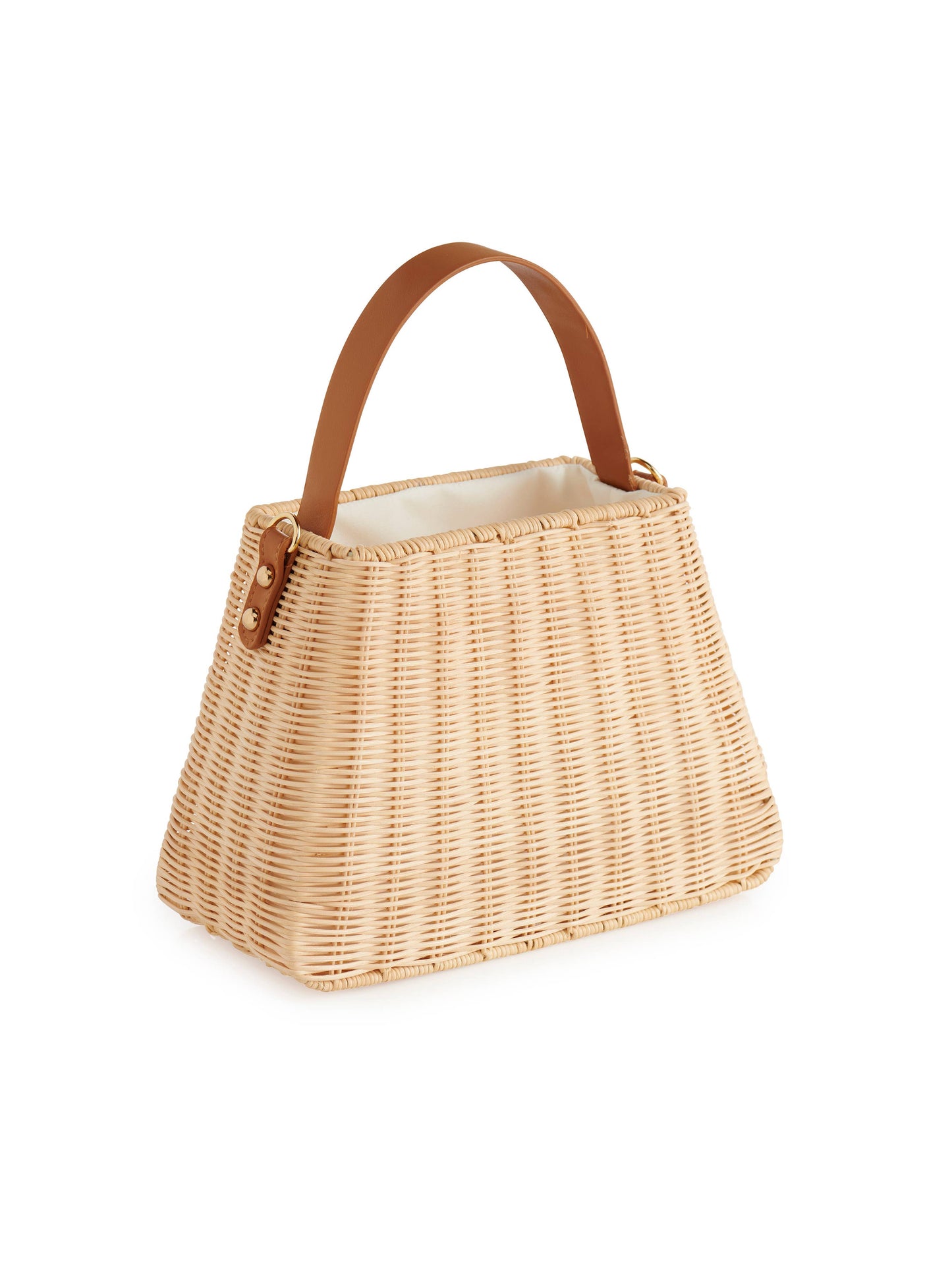 Wicker handbag with a brown handle on a white background