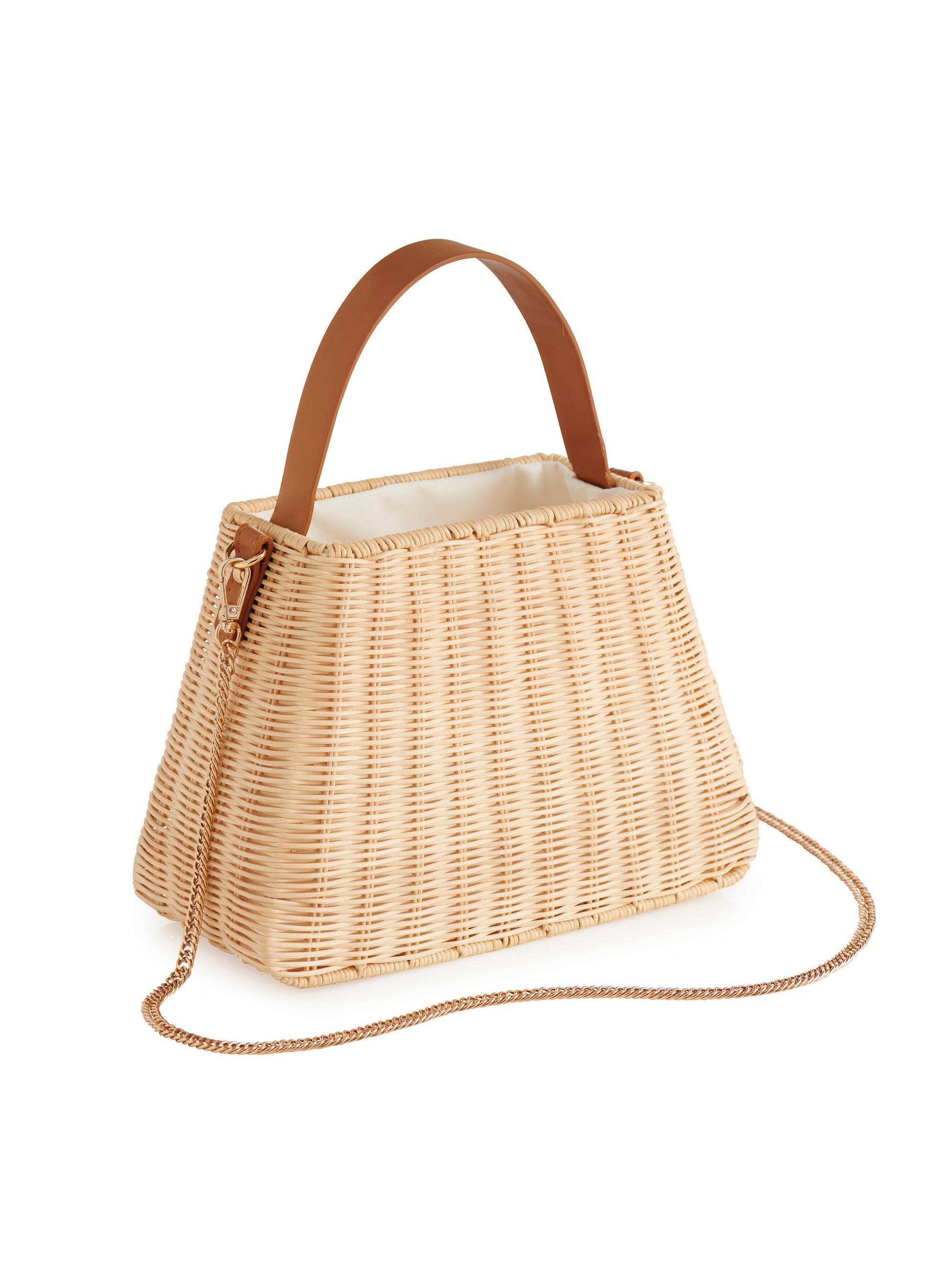 Wicker handbag with a brown handle and gold chain strap against a white background