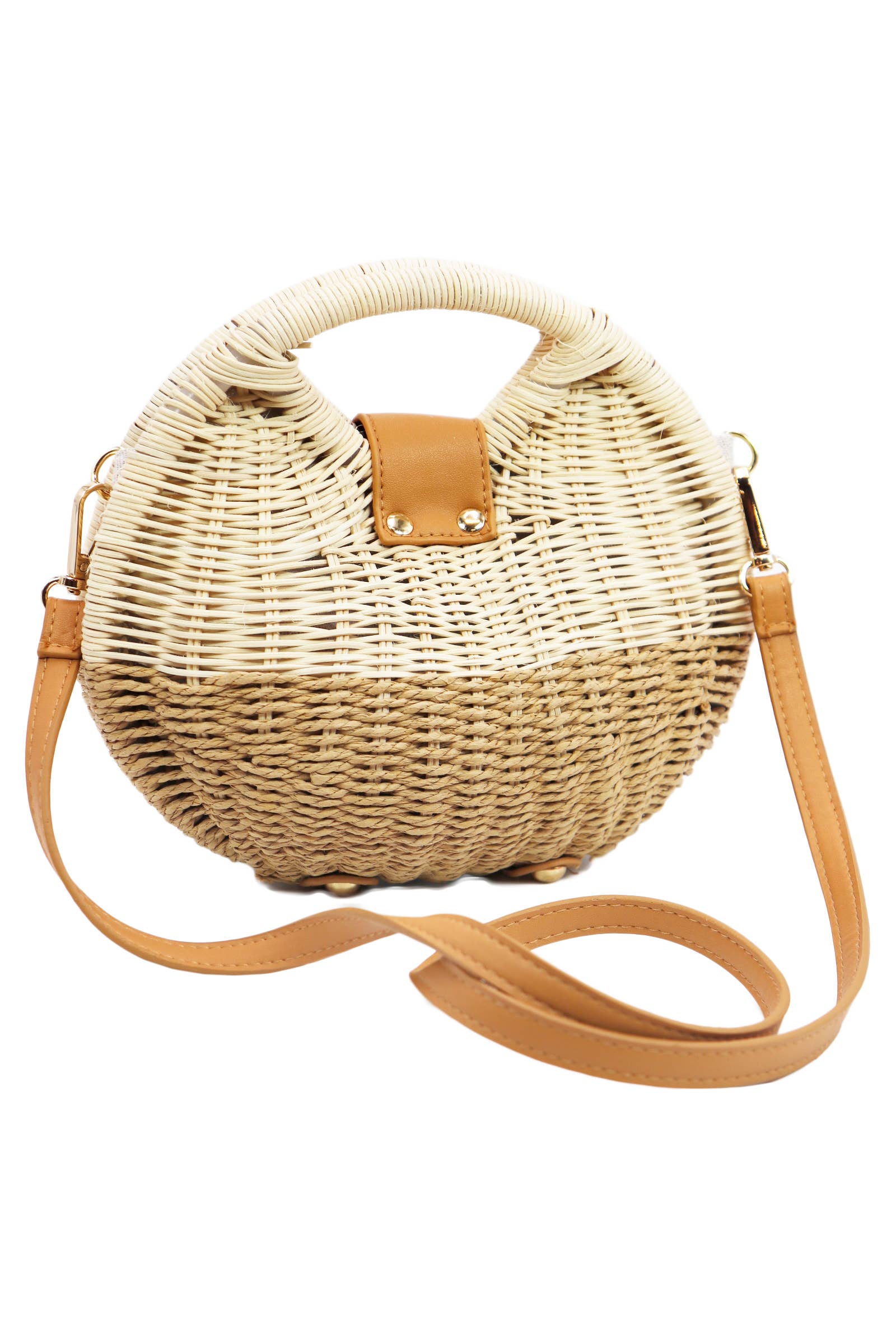 back view of tan woven bag with gold hardware and shoulder strap