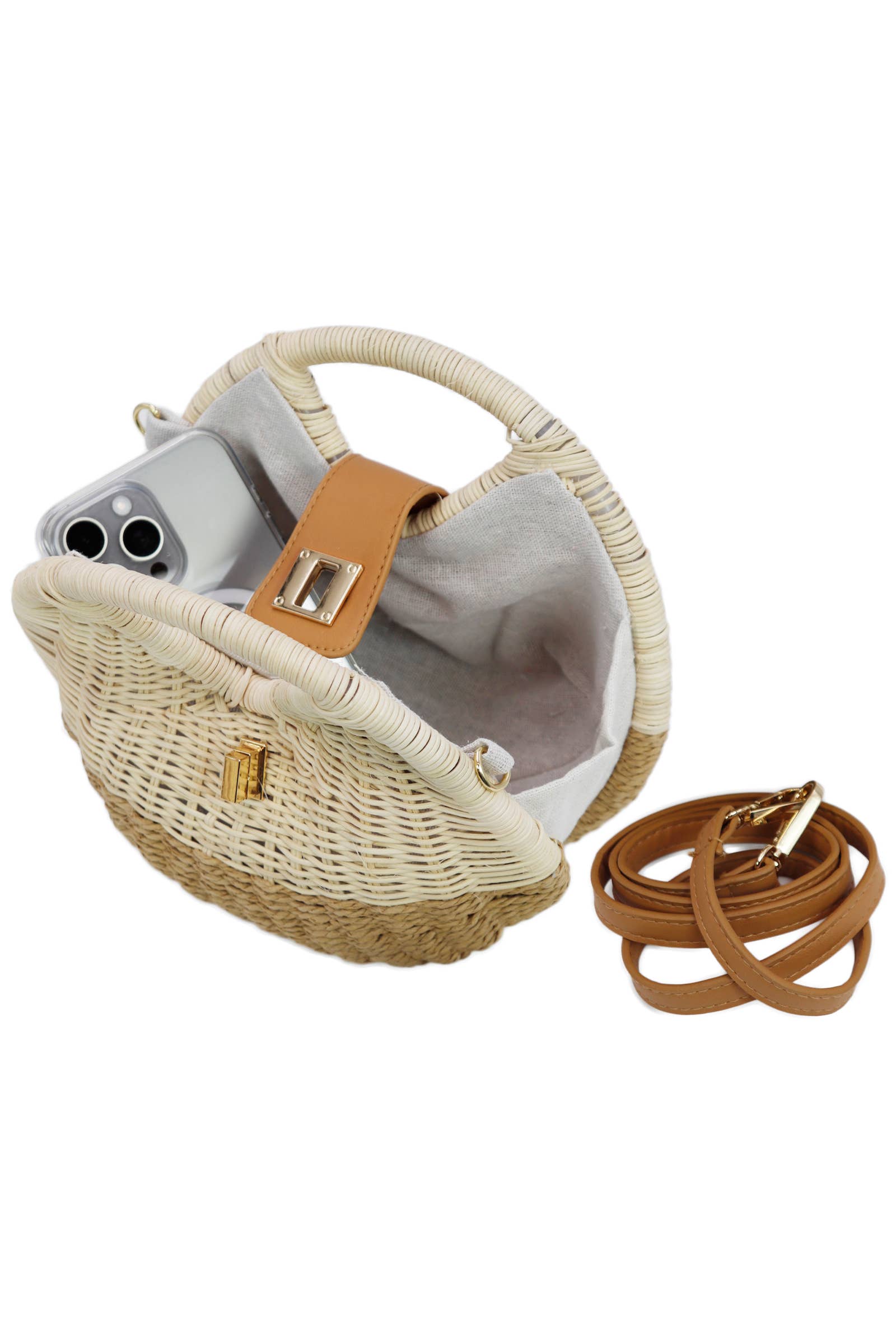 open view of tan woven crossbody bag with brown shoulder strap