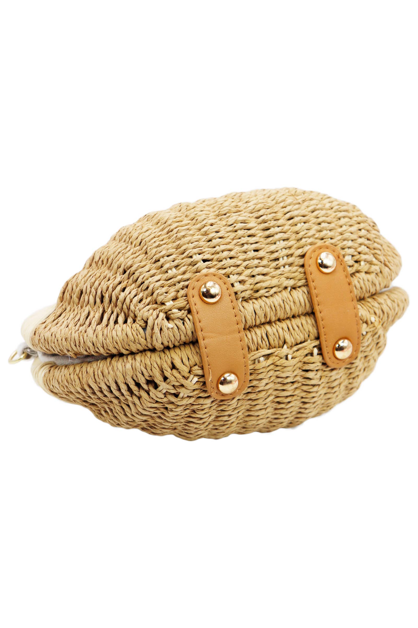 bottom view of tan woven bag with gold hardware
