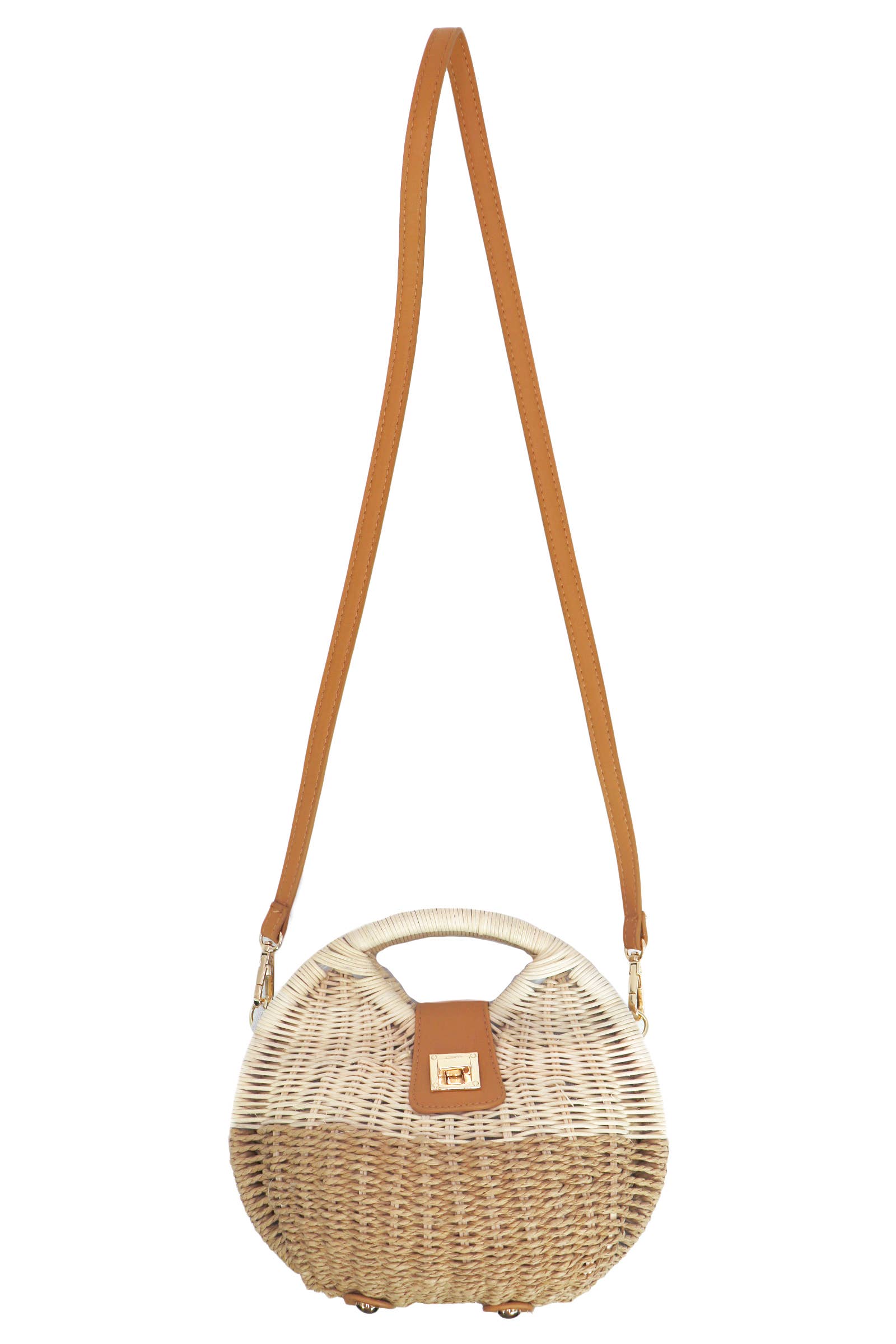 tan woven cross body bag with brown shoulder strap