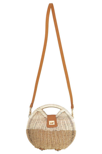 tan woven cross body bag with brown shoulder strap
