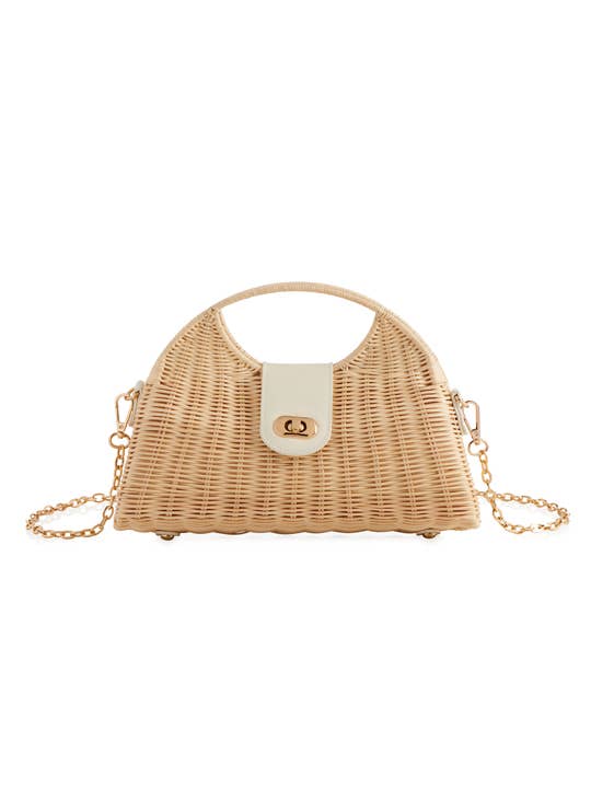 Rattan crossbody clutch with gold chain strap and turn lock closure — front flat lay view showing handcrafted rattan weave and smooth flap
