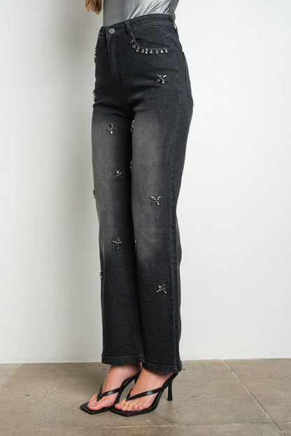 Rhinestone Embellished Stretch Jeans, Washed Black