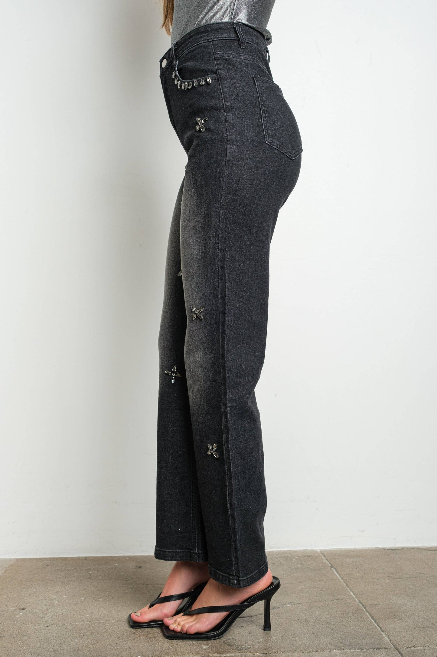 Rhinestone Embellished Stretch Jeans, Washed Black