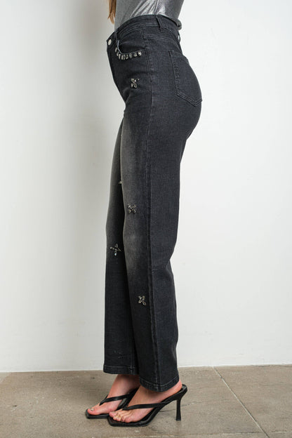 Rhinestone Embellished Stretch Jeans, Washed Black