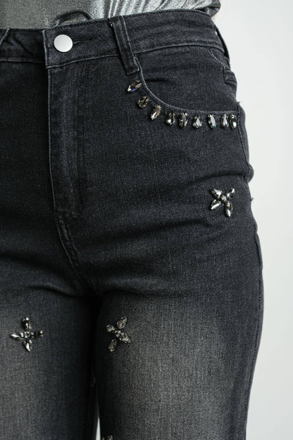 Rhinestone Embellished Stretch Jeans, Washed Black