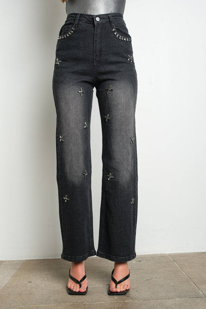 Rhinestone Embellished Stretch Jeans, Washed Black