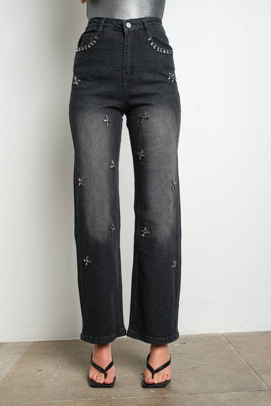 Rhinestone Embellished Stretch Jeans, Washed Black