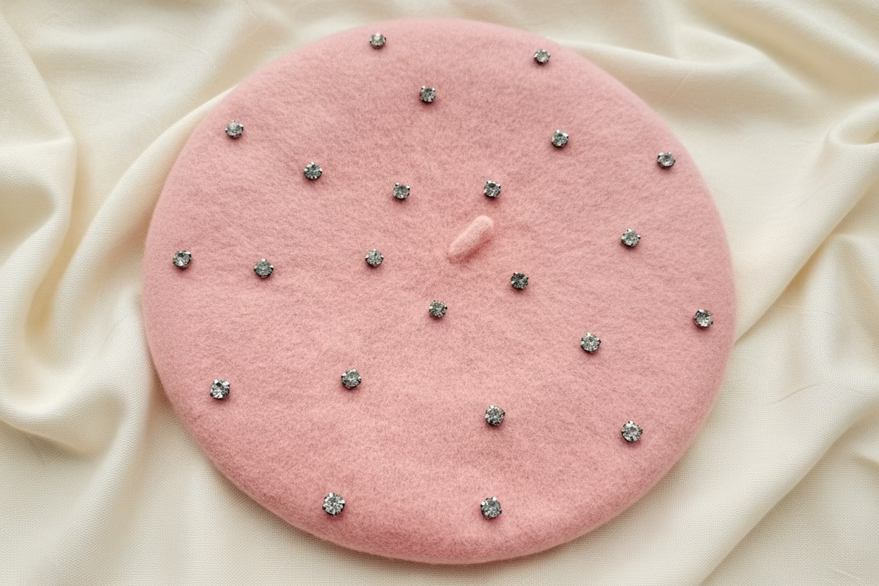 close-up of rhinestone stud detail on light pink beret on an ivory fabric surface