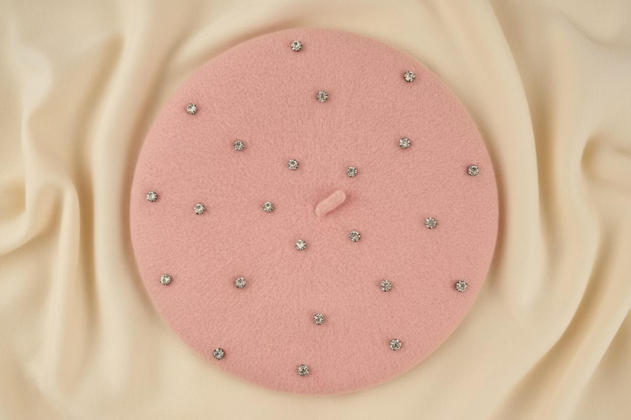 A light pink beret with rhinestone embellishments on an ivory fabric surface.