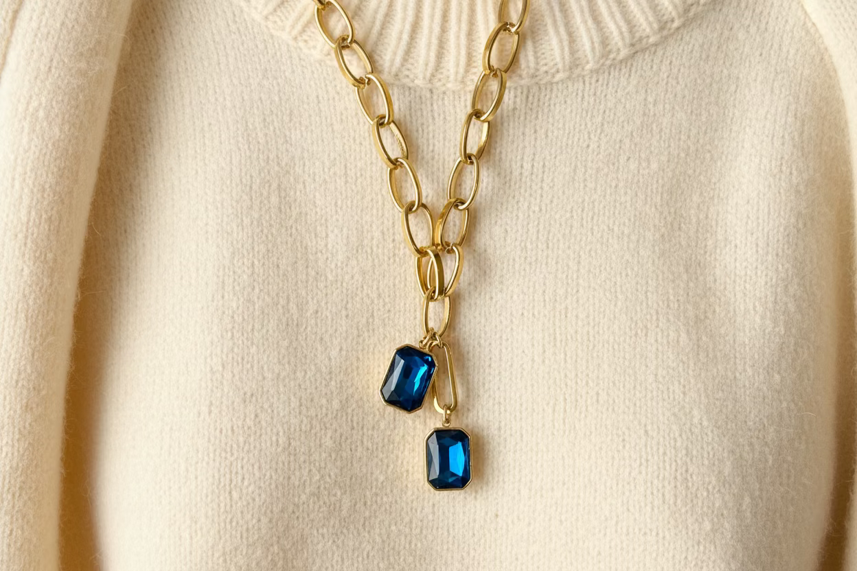 A gold chain with two sapphire colored crystal pendants against an ivory sweater