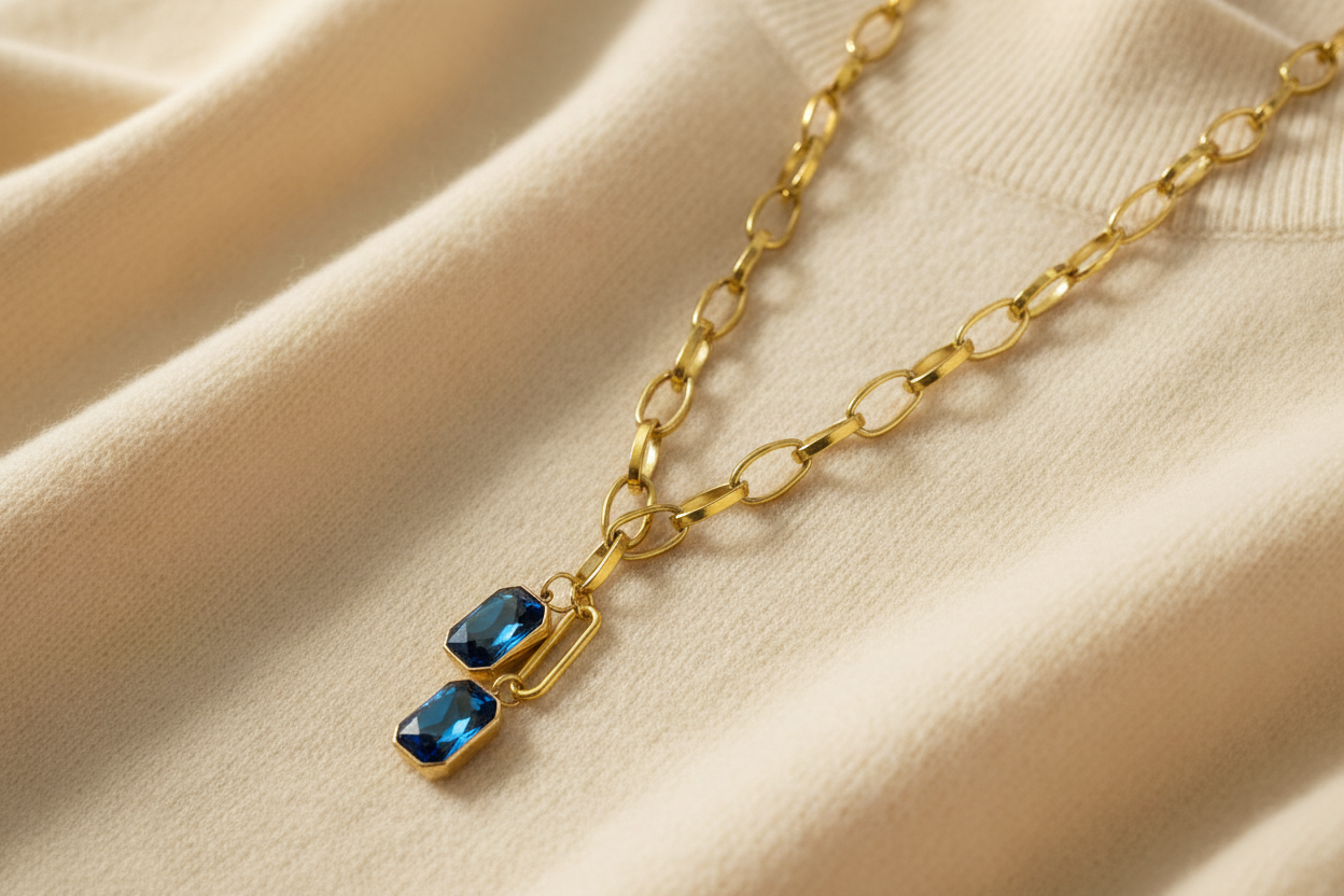 Gold chain necklace with sapphire blue double drop crystal pendant against and ivory sweater material background