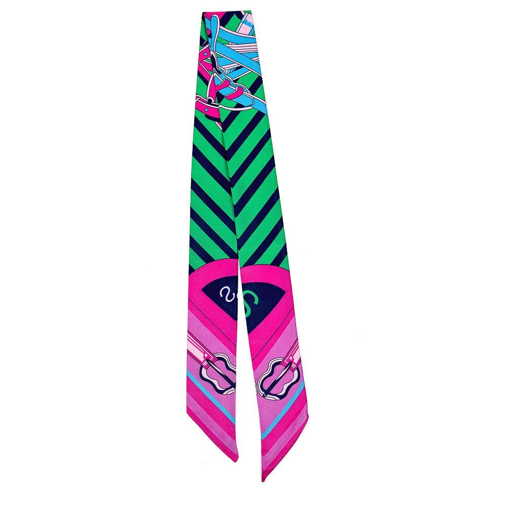 Colorful blue and green striped scarf with a pattern on a white background