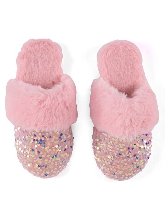 Light pink sequin faux fur slippers with blush pink plush fur trim — top view showing slide-on style against a white background