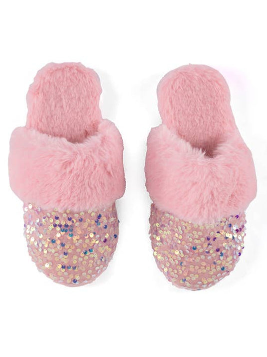 Light pink sequin faux fur slippers with blush pink plush fur trim — top view showing slide-on style against a white background
