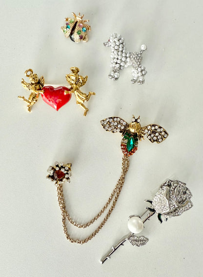 set of 5 decorative brooches against a white background