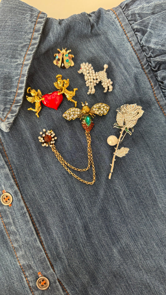 Love and Luck brooch collection showing cherub, poodle, ladybug, bee, and rose pins