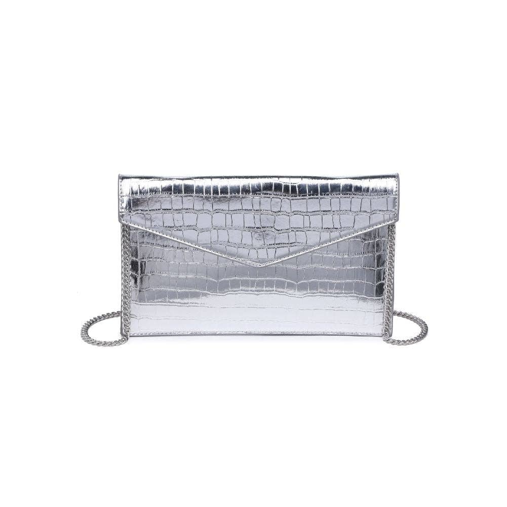 silver croc embossed clutch purse against a white background