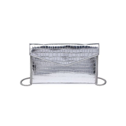 silver croc embossed clutch purse against a white background