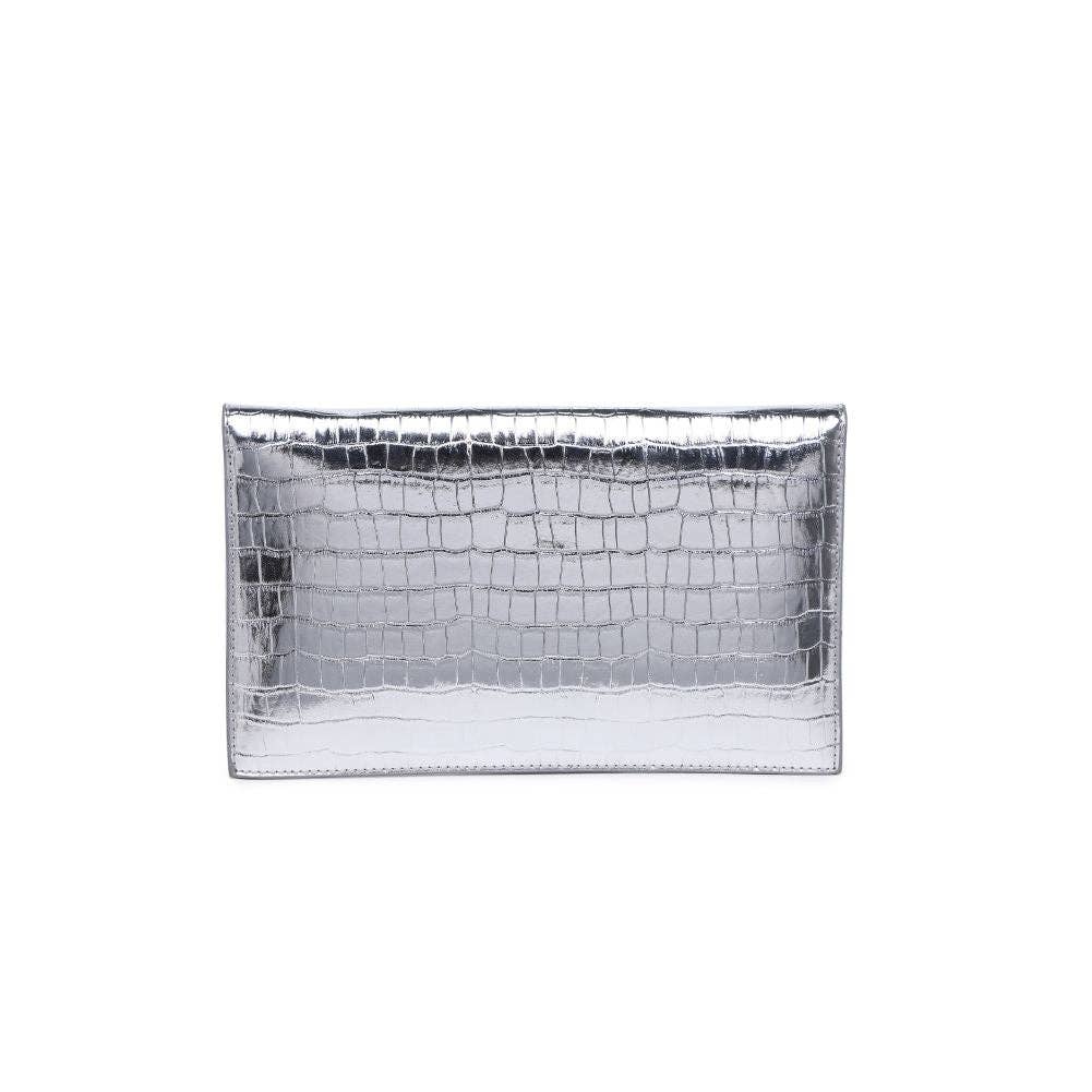 silver croc embossed clutch purse against a white background