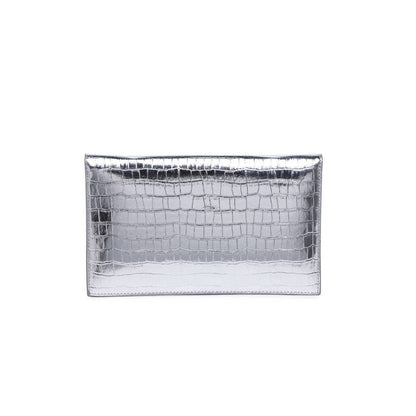 silver croc embossed clutch purse against a white background