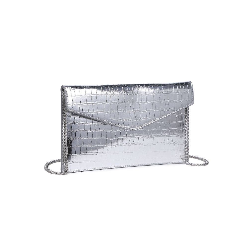 silver croc embossed clutch purse against a white background