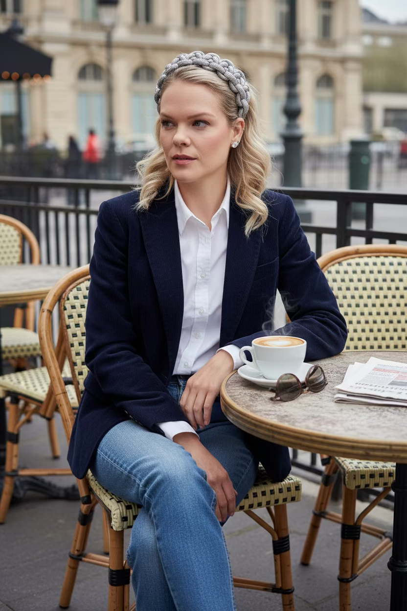 Woman wearing a navy jacket, jeans, and silver braided headband sitting at an outdoor cafe table in a city setting