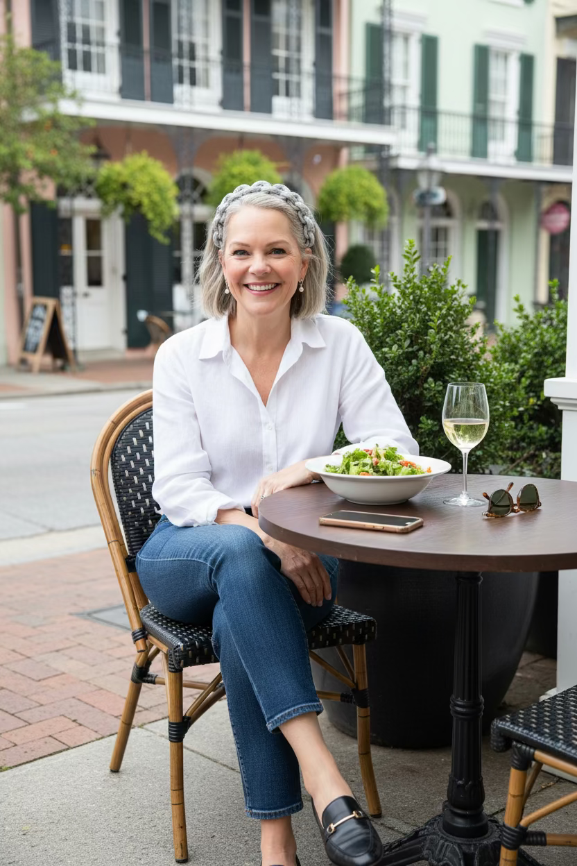 Woman wearing a white blouse, jeans, and a silver braided headband sitting at an outdoor table with a salad and wine glass, smiling.