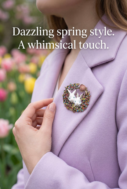 A spring rhinestone brooch with two bunnies on a lavender blazer in an outdoor setting 