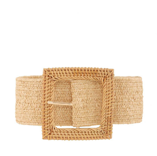 large rattan wrapped square buckle stretchy elastic belt