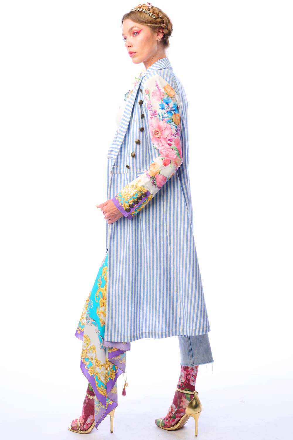 Side view of striped floral sleeve coat showing contrast print sleeves on a white background